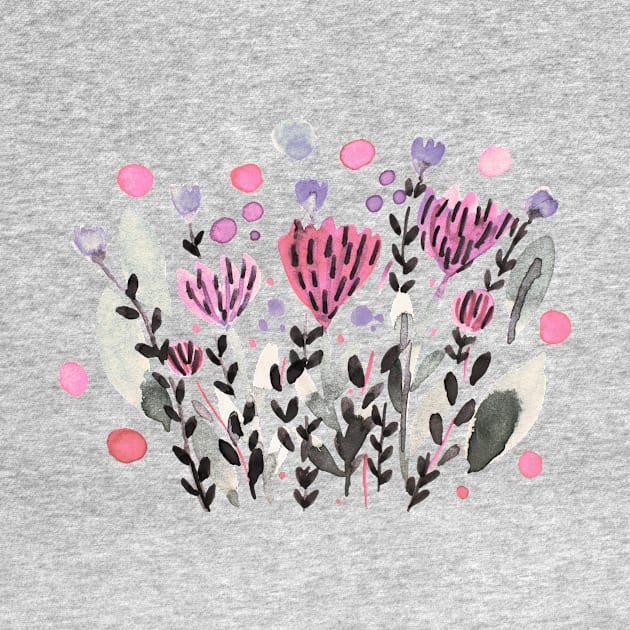 Watercolor whimsical flowers - pink and sage by wackapacka